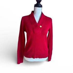 Lauren Ralph Lauren Petite Red Cotton Ribbed Sweater Gold Button V Neck P/S